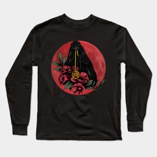 Black Crow With Flowers and Red Moon in a Mystical Landscape Long Sleeve T-Shirt